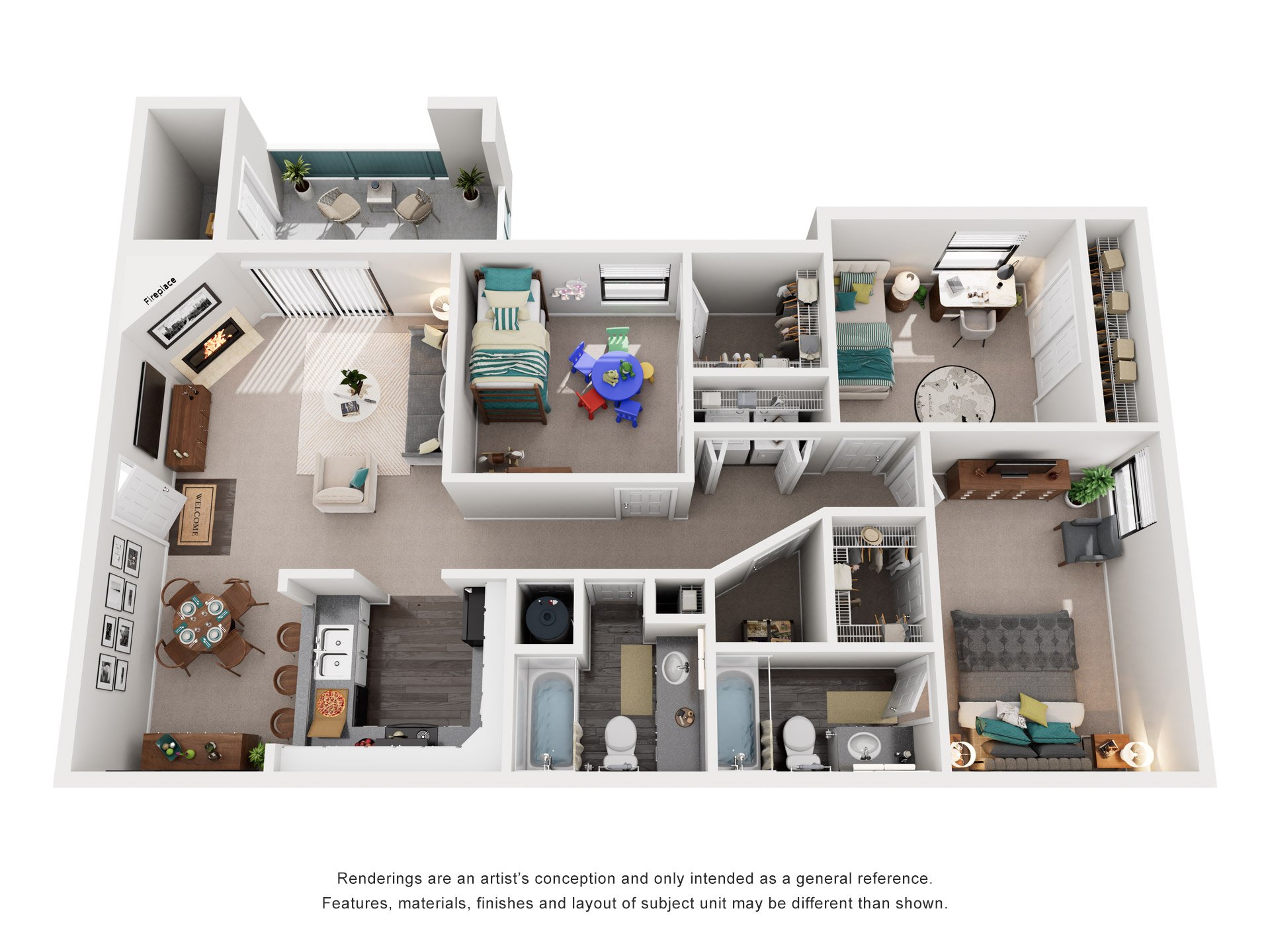 Floor plan for 3 beds, 2 baths, 1346 sqft